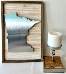 lot 116 image: Artisan Made Steel MINNESOTA on Wooden Backing and Frame & Decorative Metal and Wood Candle Holder with Candle