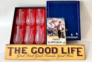 lot 183 image: The Good Life Wall Art, A MONT BLANC Postcard Art & LONGCHAMP Crystal Glasses NIB - QTY 6