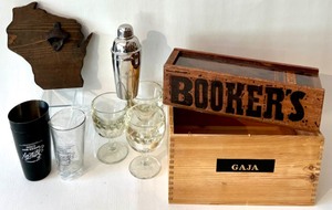 lot 189 image: Artisan Made WISCONSIN Bottle Opener Wall Hanging, Bar Shakers, Boxes & Glass Goblets - QTY 3