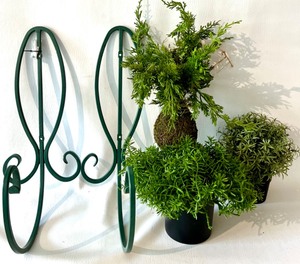 lot 191 image: Green Metal Plant Wall Hangers - QTY 2 & Faux Plants - Qty 3