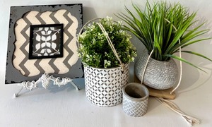 lot 192 image: Decorative Faux Hanging Potted Plants & Framed Artwork with Metal Stand
