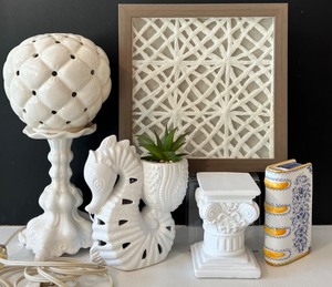 lot 193 image: Decor in White Galore Including Vintage Light, Faux Plant, Artwork and more