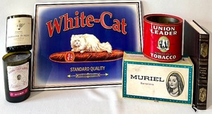 lot 195 image: Vintage WHITE-CAT CIGAR Advertisement, Wine Bottle Soy Candles and More Vintage Items