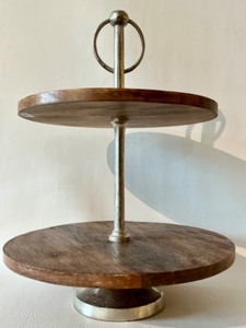 lot 197 image: 2 Tier Wooden Round Dessert Display Stand with Metal Base - Medium Color Wood