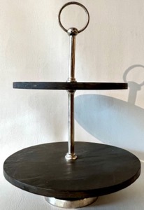 lot 198 image: 2 Tier Wooden Round Dessert Display Stand with Metal Base - Dark Color Wood