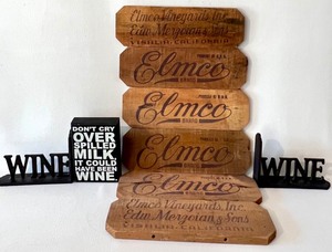 lot 200 image: Its Wine Time Lot of Iron Wine Bookends, Art Sign & Vintage ELMCO VINEYARD Wood Signs - QTY 6