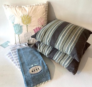 lot 208 image: NEW Secret Celebrity DOWN Floral Pillow, NEW Hand Towels and 2 Striped Pillows