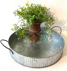 lot 211 image: Crate and Barrel Galvanized Tray with Handles and Faux Plant in Urn