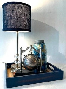 lot 259 image: Vintage CRYSTAL Lamp, ANTIQUE Blue Mason Jar, Desktop Globe and Upcycled Ruler Tray