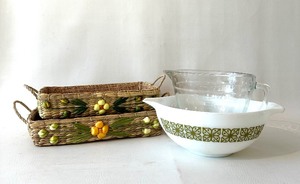 lot 263 image: 2 Nesting VINTAGE WICKER (PYREX) Baskets, VINTAGE PYREX Verde Square Flowers #444 4-Qt. Cinderella Bowl, ANCHOR HOCKING 2-Qt. Batter Bowl