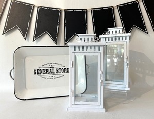 lot 269 image: Pair of Rectangular White METAL Candle Lanterns, VINTAGE STYLE Metal Tray, Chalkboard Pennant Flag Banner