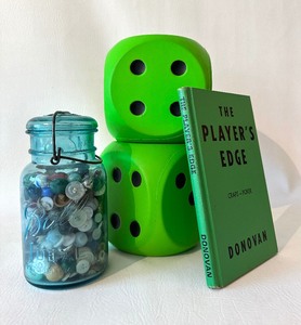 lot 270 image: VINTAGE 1930s BALL BLUE JAR with Bale & Buttons, Pair of Large Foam Dice, 1976 Craps & Poker Book