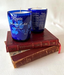 lot 279 image: Pair of LEATHER Bound Books, Pair of Upcycled WINE BOTTLE Soy Candles
