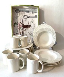 lot 244 image: PAGNOSSIN Ironstone Dishes and Upcycled Wood Tray