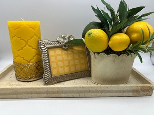 lot 316 image: Yellow Decor including Stone Tray, Candle, Frame and Faux Floral