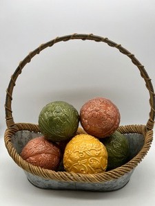 lot 318 image: 6 Ceramic Carpet Balls with Galvanized Metal with Wicker Accents Basket