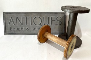 lot 288 image: Pair of VINTAGE INDUSTRIAL WOODEN Textile Spools, Rustic Reproduction METAL Antiques Wall Sign
