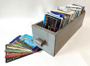 lot 291 image: RUSTIC VINTAGE WOODEN Drawer with Dividers, Assorted RETRO Post Cards