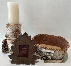 lot 335 image: Birch Candle Holder, Bowl and Leaf Photo Frame