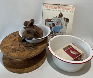 lot 342 image: Vintage Fun  Large Wooden Spool, Enamelware and More