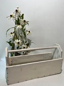 lot 343 image: Vintage Wooden Tool Box Caddy and Floral Topiary