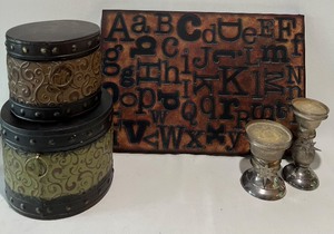 lot 349 image: Alphabet Art, Candle Holders and Metal Canister with Lids