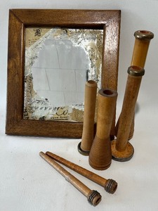 lot 380 image: Artisan Upcycled Vintage Wood Mirror and Vintage Spool Bobbins