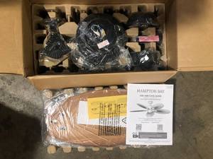 lot 15 image: Hampton Bay Lillycrest 52 in. IndoorOutdoor Aged Bronze Ceiling Fan with Downrod and Reversible Motor Light Kit Adaptable Customer Returns See Pictures