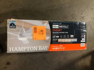 lot 31 image: Hampton Bay Nevali 52 in. White Changing LED Indoor Smart Hubspace Ceiling Fan with Light and Remote Control Included  Customer Returns See Pictures