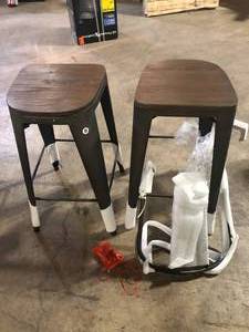 lot 48 image: StyleWell Finwick Matte Gunmetal Backed Bar Stool with Dark Wood Seat (Set of 2) Customer Returns See Pictures