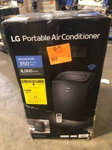 lot 5 image: LG 8,000 BTU (12,000 BTU ASHRAE) 115-Volt Portable Air Conditioner Cools 350 Sq. Ft. with Dehumidifier and Wi-Fi in Gray Missing Pieces  Customer Returns See Pictures