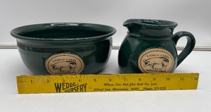 lot 103 image: Land O Lakes Green Pottery Bowl and Cream Pitcher