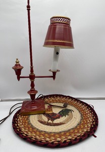 lot 15 image: Tole Ware Table Lamps and Rooster Chair Pad Decor