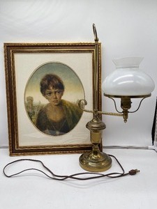 lot 23 image: Brass Table Lamps and Small Matted and Framed Print