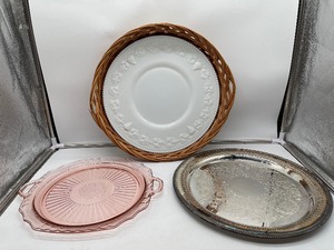lot 27 image: Wicker Basket and Platters, Pink Depression Glass, Milk Glass and Silver Plate