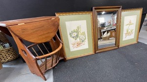 lot 31 image: Side Table, Mirror and 2 Vintage Pictures