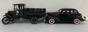 lot 56 image: Two Vintage Diecast Cars 1923 Chevy 1 ton truck and 1936 Chevrolet Standard Town Car
