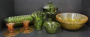 lot 97 image: Vintage Green and Marigold Indiana Carnival Glass