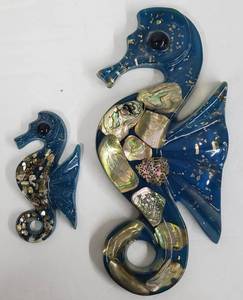 lot 47 image: Two Lucite Sea horse Wall Hanging and 5 Stuffed Animals