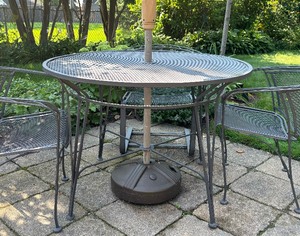 Metal Patio Table with Umbrella and Four Chairs