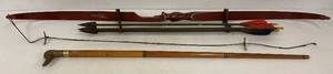 lot 66 image: Vintage Shakespeare Recurve Bow With Arrows & Three Piece Walking Cane With Duck Head Handle