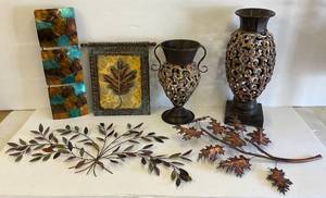 lot 91 image: Misc. Ornate  Metal Vases & Wall Art