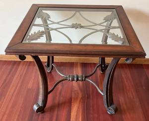 lot 123 image: Small Ornate Metal And Wood Table With Glass Top 24 T x 23W x 26L