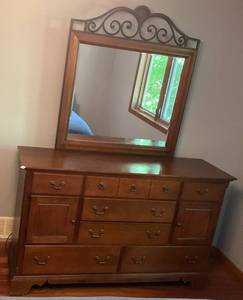 lot 134 image: Sumter Cabinet Company Seven Drawer Two Doors Long Dresser With Beveled Ornate Mirror  63 34 L x 38 12 H x 19 W
