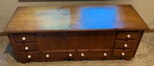 lot 139 image: Vintage Wooden Chest 50 12 L x 17 W x 19 H  (Full Of Christmas Items)