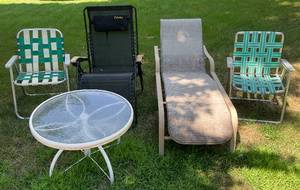 lot 155 image: Misc. Lawn Chairs & Small Metal Glass Top Table