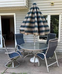 lot 158 image: Metal & Glass Patio Chairs (Two Swivel & Rocking) And 48 Glass Top Table With Umbrella