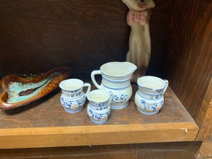 Glassware lot, shelves, posters and misc