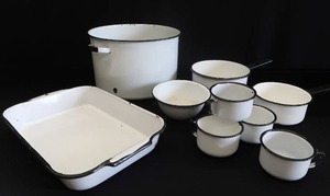 lot 23 image: ENAMELWARE POTS AND PIECES