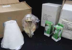 lot 72 image: NEW GOLD COLORED WALL SCONCE  2 CASES LIGHT BULBS